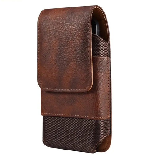 Brown leather phone case with mesh pocket on a white background
