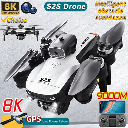 S2S Drone with 8K camera, GPS, and obstacle avoidance features on a gray background.