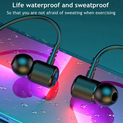 Waterproof and sweatproof earbuds on a colorful background with water droplets.