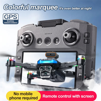 Remote control with screen for a drone, featuring GPS and no phone required text.