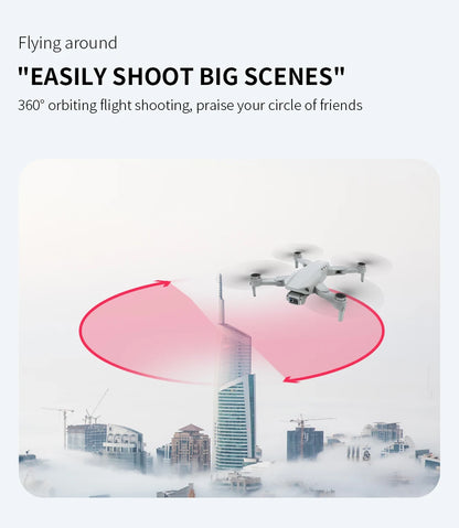 Drone with a cityscape background and text about 360-degree shooting capabilities.