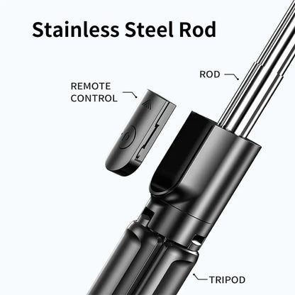 Wireless stainless steel selfie stick rod with remote control and tripod attachment on a white background

