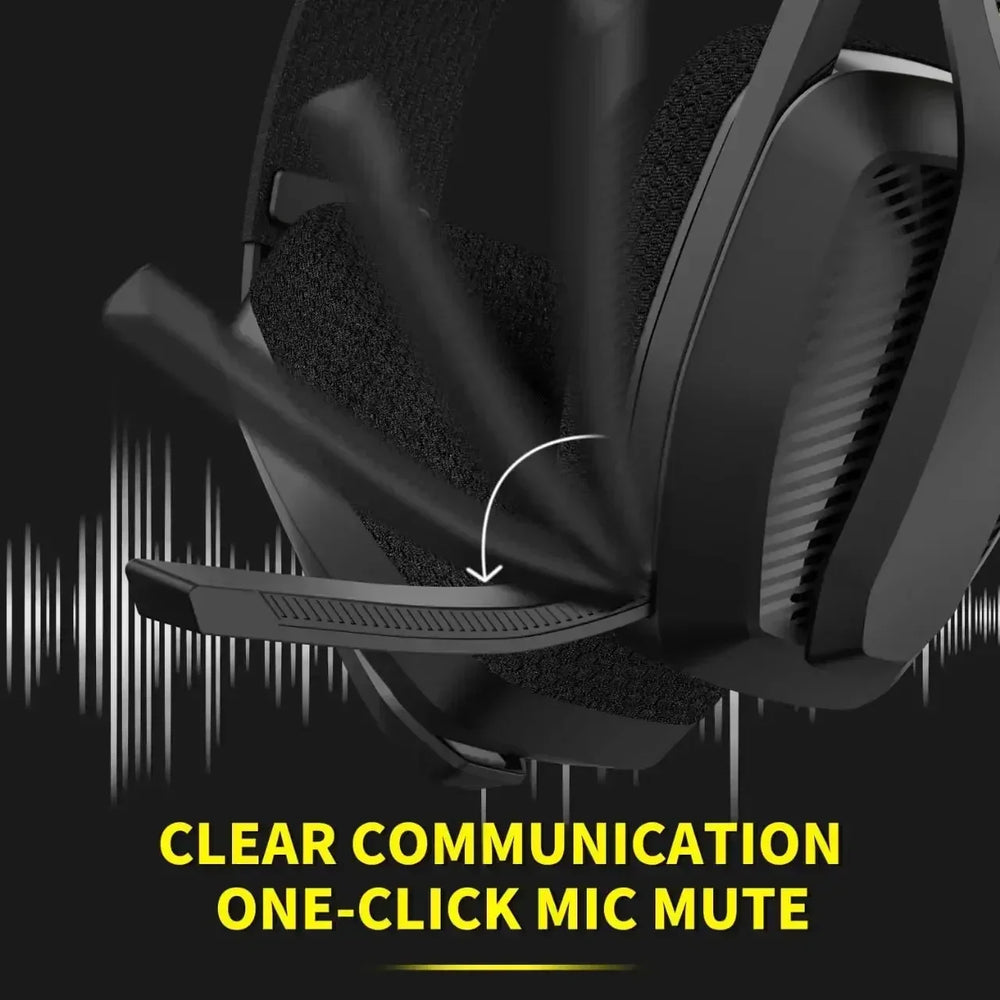 Black gaming headset with one-click mic mute feature on a dark background