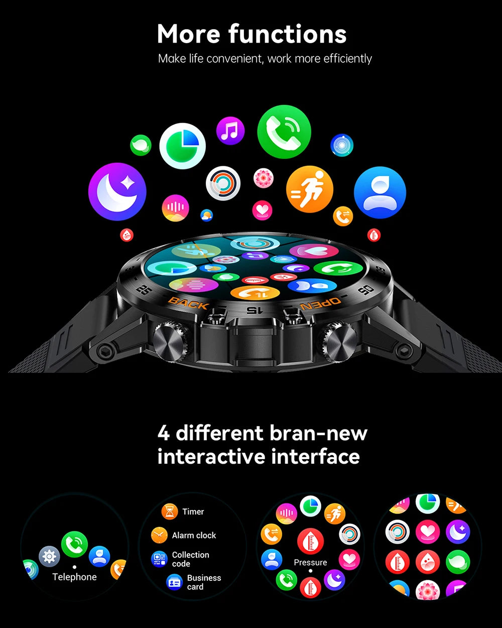 Smartwatch with colorful app icons on a black background