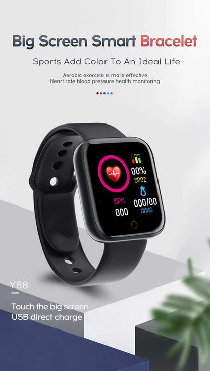 Black smartwatch with a colorful display on a white background