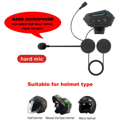 Motorcycle helmet intercom system with hard microphone attachment, suitable for various helmet types.