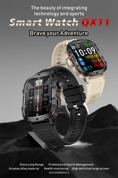 Smart watch QX11 with black and beige bands on a gray background