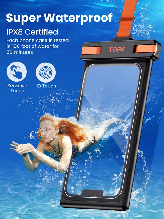 Super waterproof phone pouch with IPX8 certification on a blue water background
