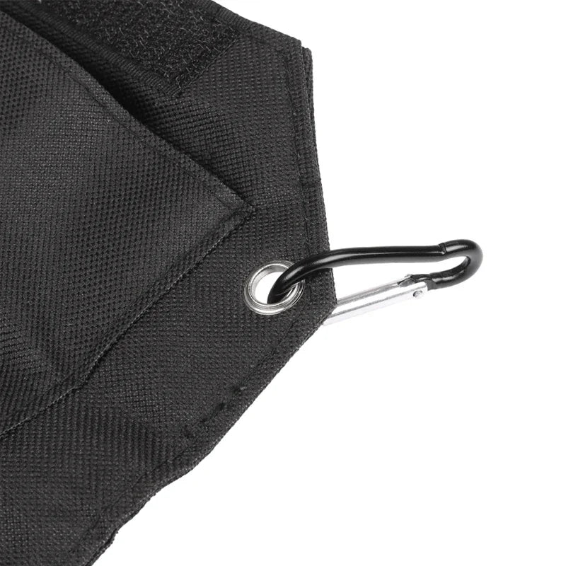 Black bag with a carabiner clip on a white background