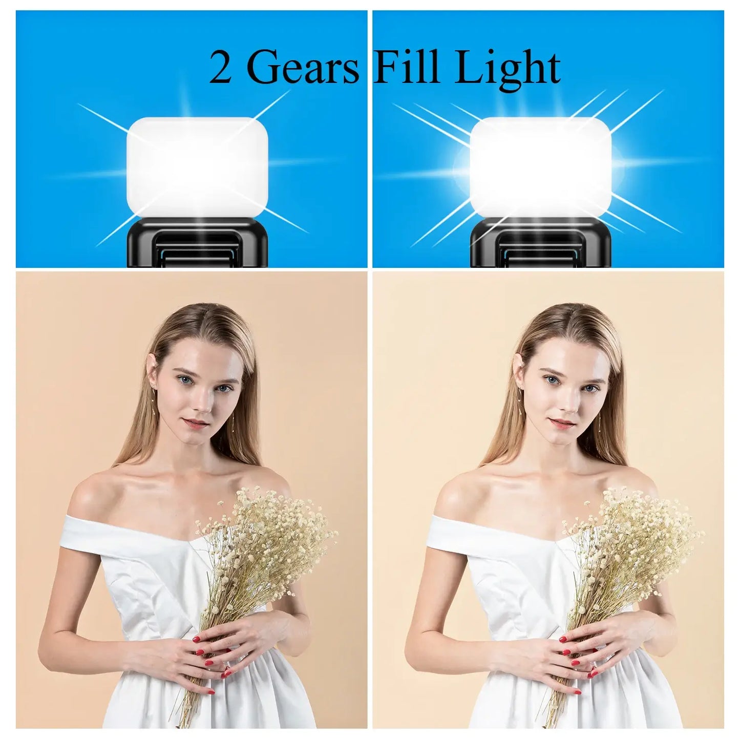 Comparison of a light's effect on a model with and without fill light, set against a blue and beige background.