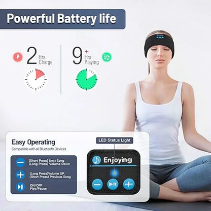 Woman wearing a sleep mask with battery life and control panel information displayed.