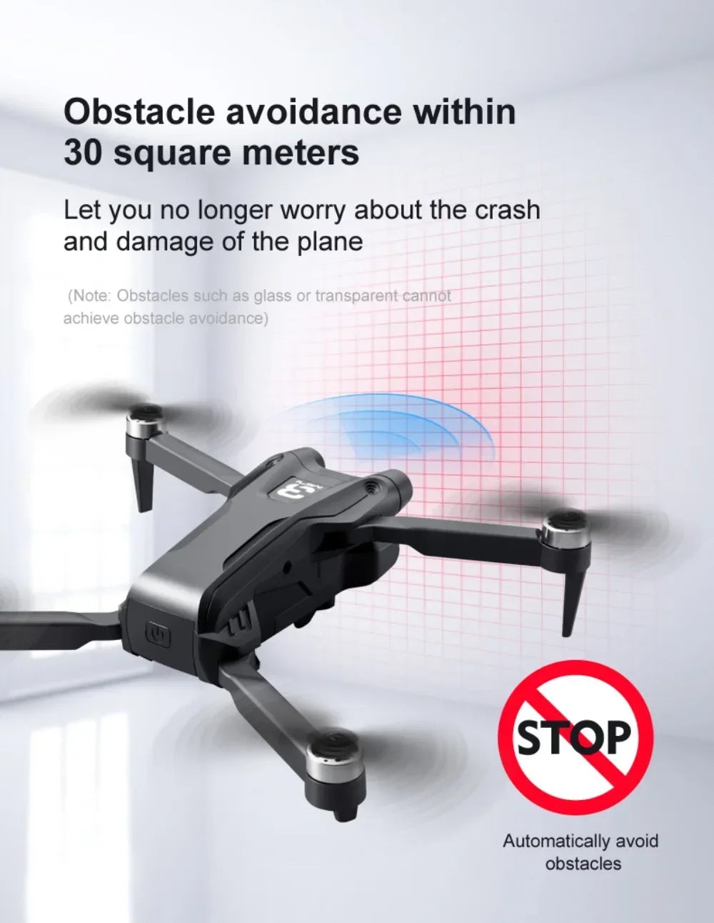Drone with obstacle avoidance feature on a white background