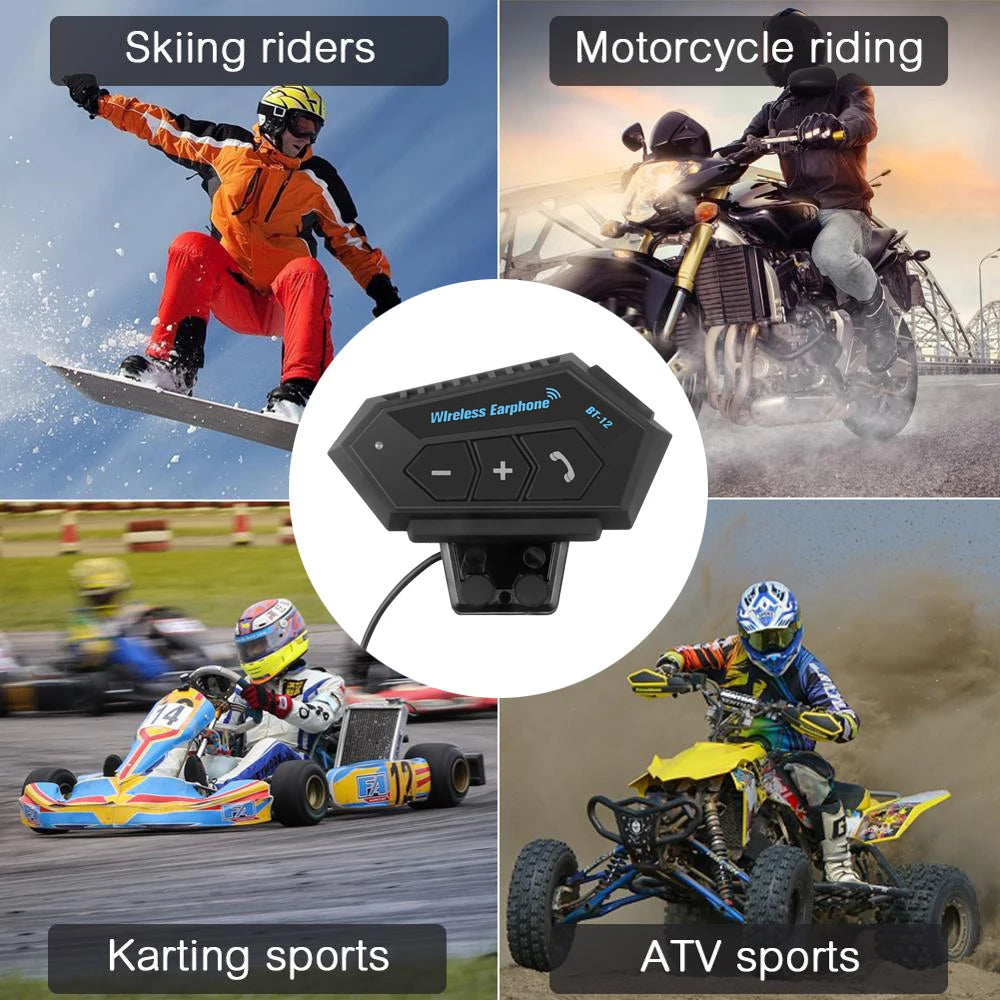 Collage of skiing, motorcycle riding, karting, and ATV sports with a wireless earphone in the center.