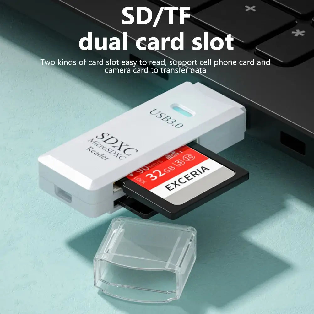 SD and TF dual card slot reader with SD card on a light blue background

