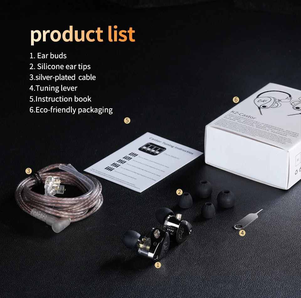 Earbud components and packaging on a dark surface with product list text.