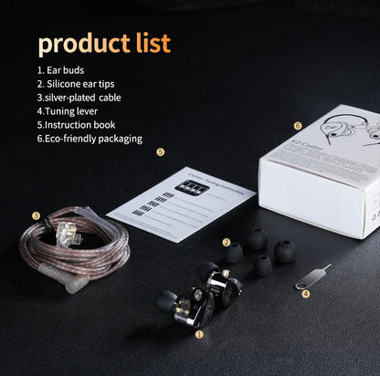 Earbud components and packaging on a dark surface with product list text.