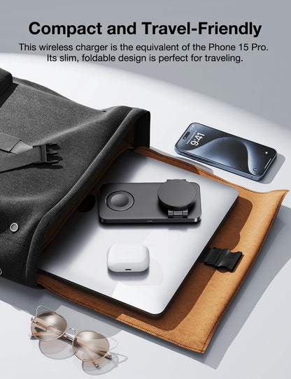 Wireless charger with phone and accessories on a light surface