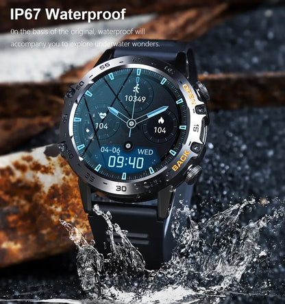 Melanda Smartwatch showcasing water resistance feature with water splash effect