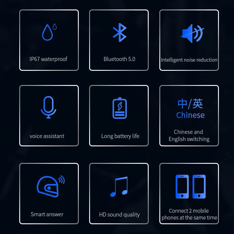 List of features with icons and text on a dark background