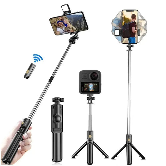 Wireless multi-functional camera and phone holder with tripod and selfie stick on a white background
