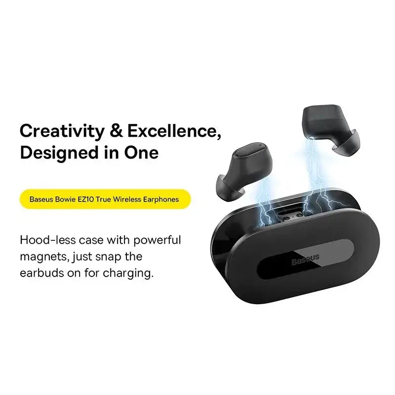 Baseus Bowie EZ10 True Wireless Earphones with charging case displayed on a white background
