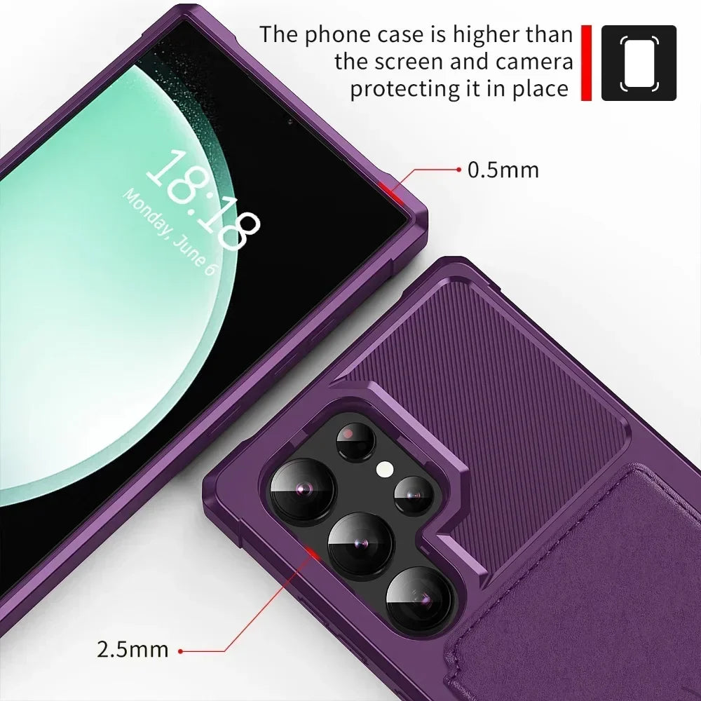 Purple phone case with text indicating its thickness and protective features on a white background