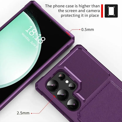 Purple phone case with text indicating its thickness and protective features on a white background