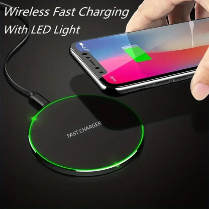 30W wireless fast charging pad with LED light charging smartphone.