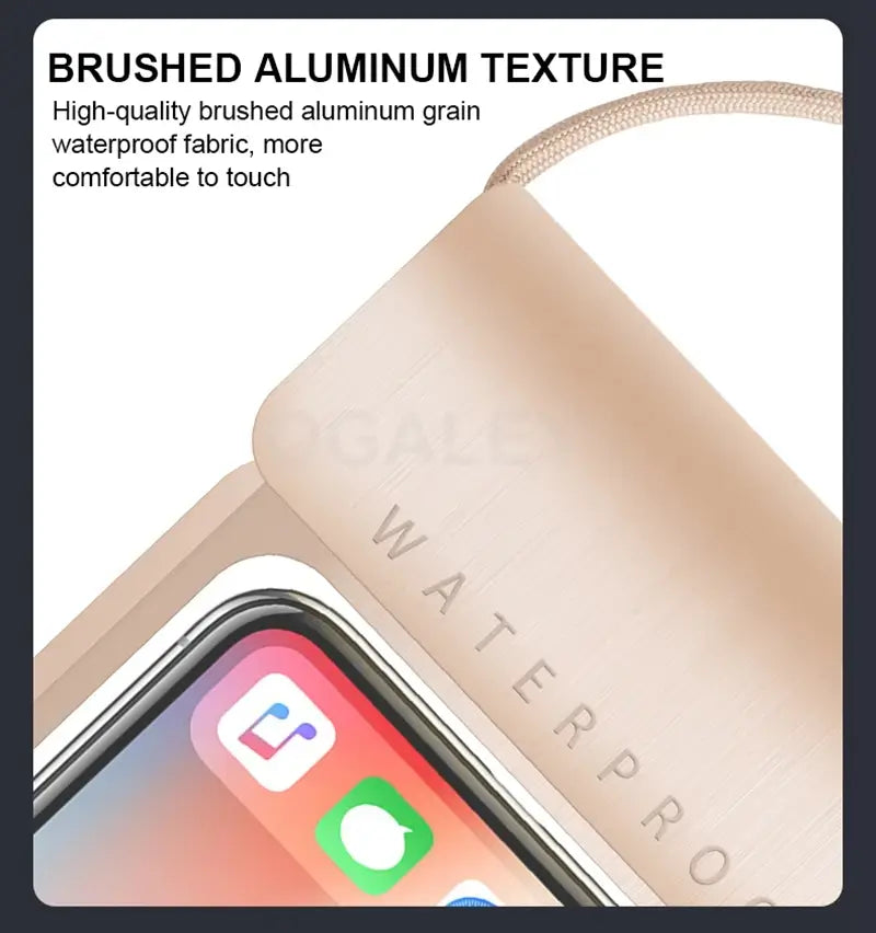 Waterproof phone case with brushed aluminum texture and 'Waterproof' branding
