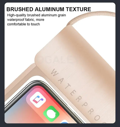 Waterproof phone case with brushed aluminum texture and 'Waterproof' branding
