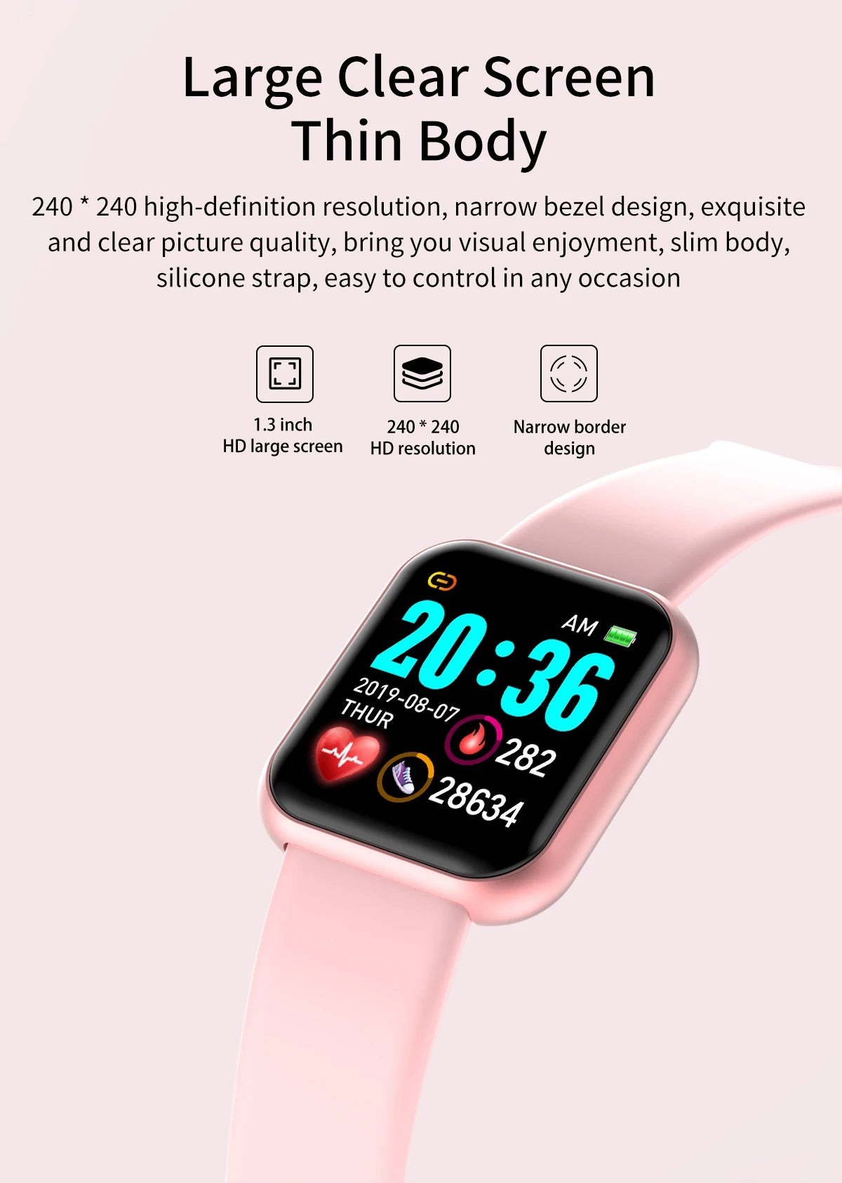 Smartwatch with a pink band on a white background, displaying time and health metrics.