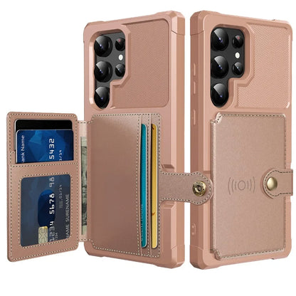 Rose gold phone case with card slots and wallet functions on a white background