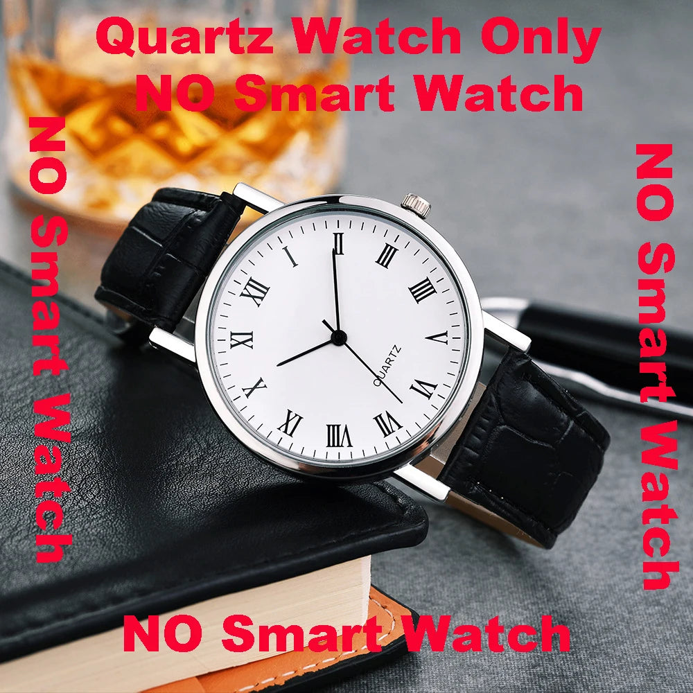 Quartz watch with black leather strap on a textured surface, surrounded by text indicating no smart watch.