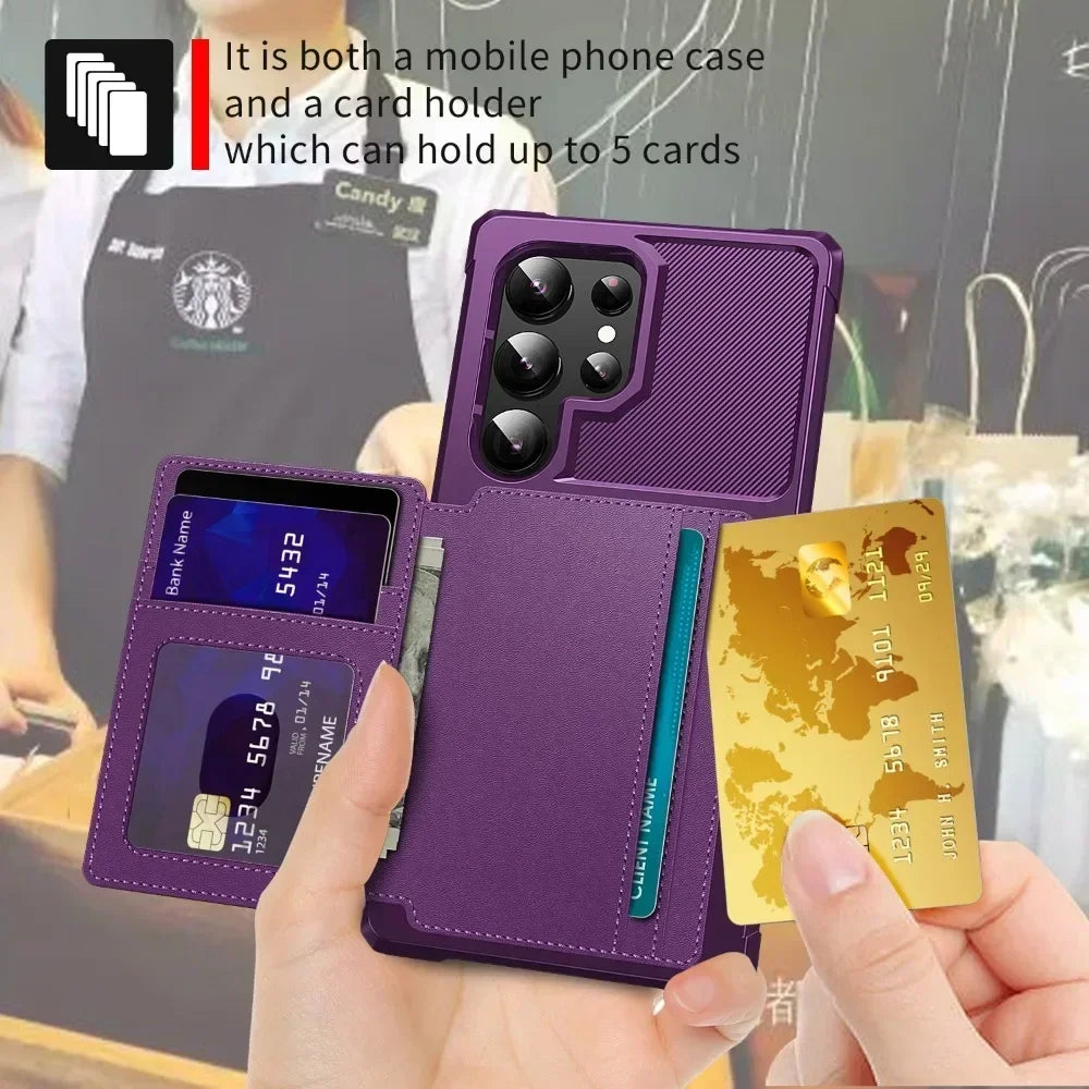 Purple phone case with card holder feature held by a person, with text indicating it can hold up to 5 cards.