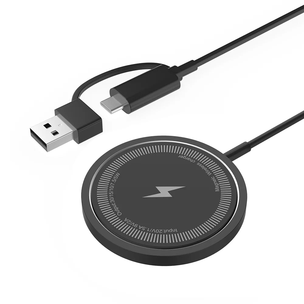 Black magnetic wireless charging pad with slim round design and dual USB plus Type-C input connectors.