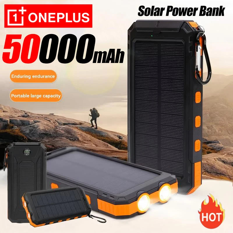 OnePlus solar power bank with 50000mAh capacity on a desert landscape background