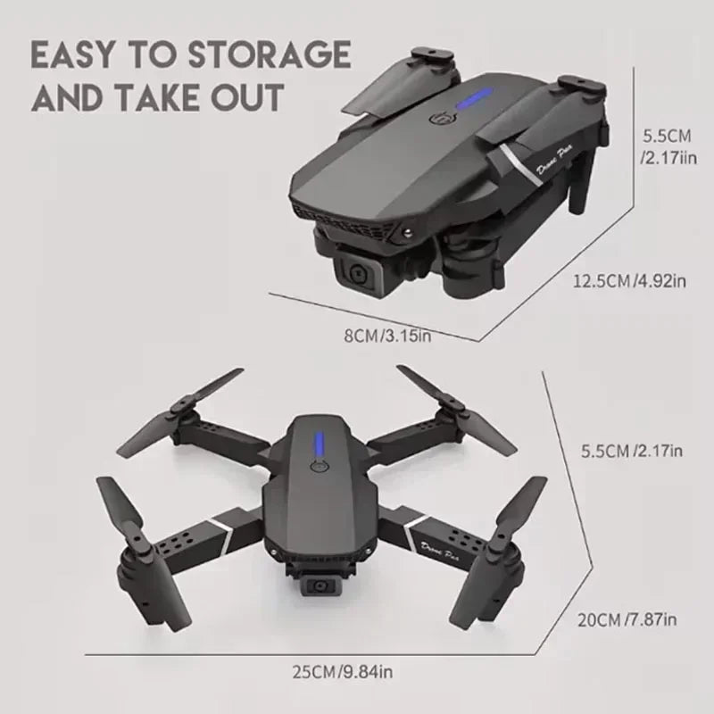 Foldable drone with dimensions labeled on a white background