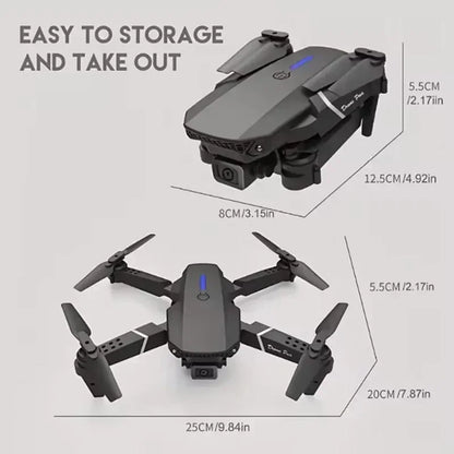 Foldable drone with dimensions labeled on a white background