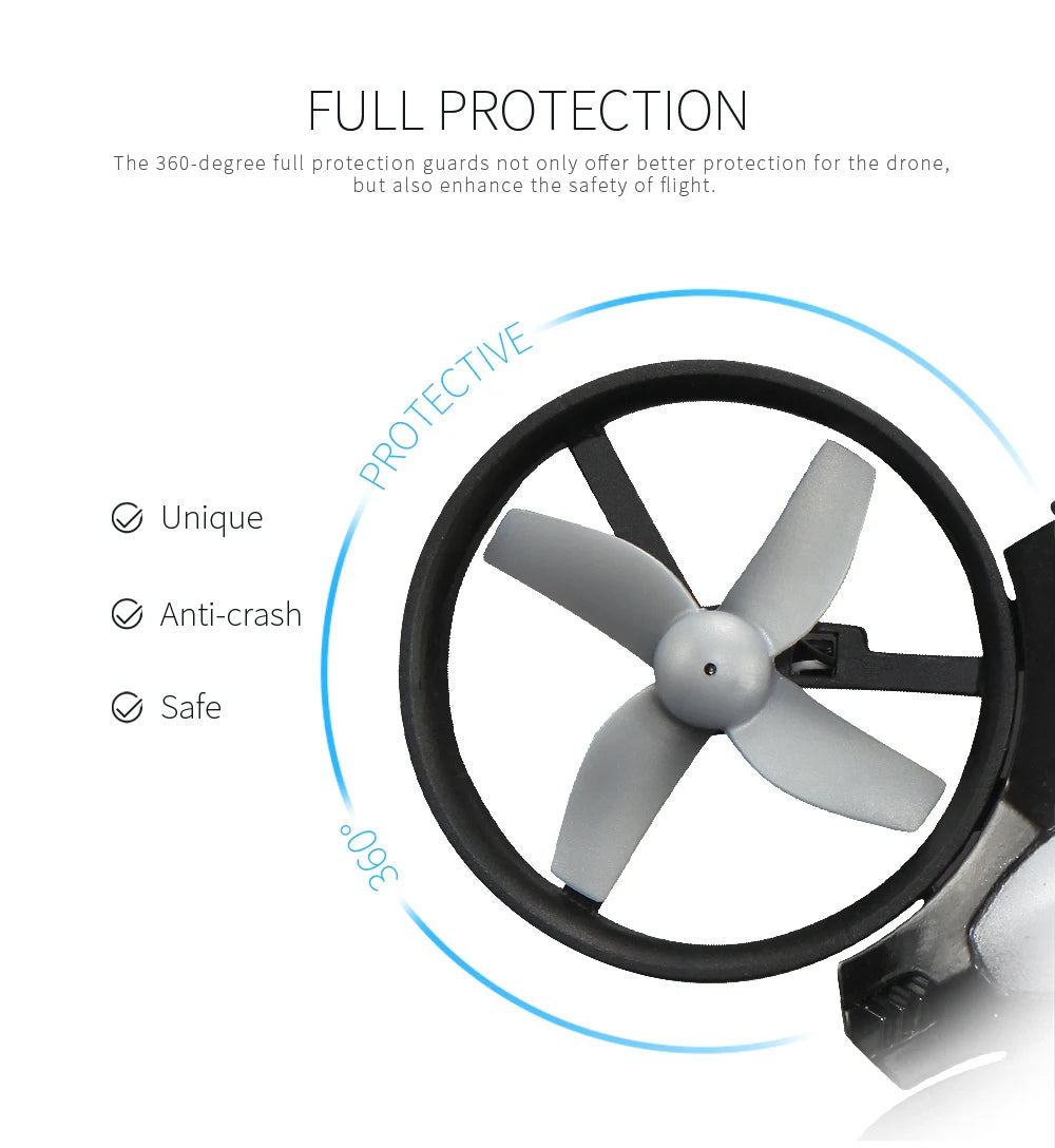 Drone propeller with protective guard and text highlighting features on a white background