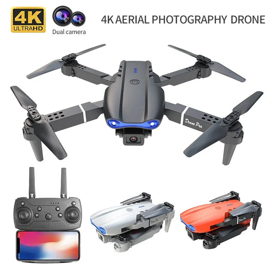 4K aerial photography drone with remote control and additional drones on a white background