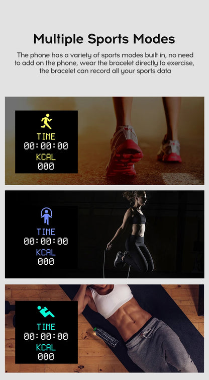 Fitness tracker with sports mode display on a smartphone screen, showing time and kcal.