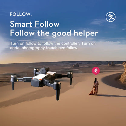 Drone in a desert with text about smart follow feature