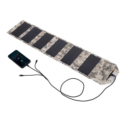 Camouflage-patterned solar panel with a smartphone attached on a white background