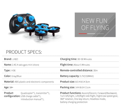 2.4G 4-axis gyro mini drone with product specifications on a white background