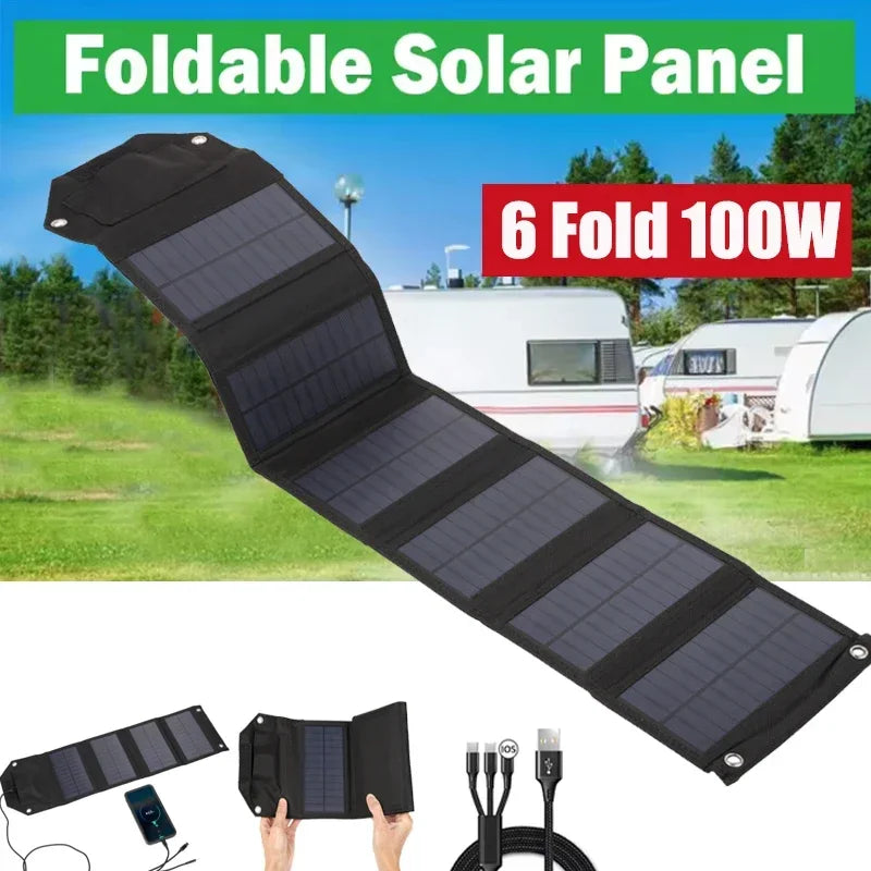 Foldable solar panel with charging cables on a scenic background