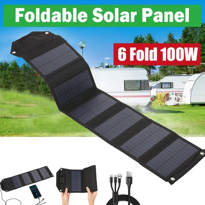 Foldable solar panel with charging cables on a scenic background