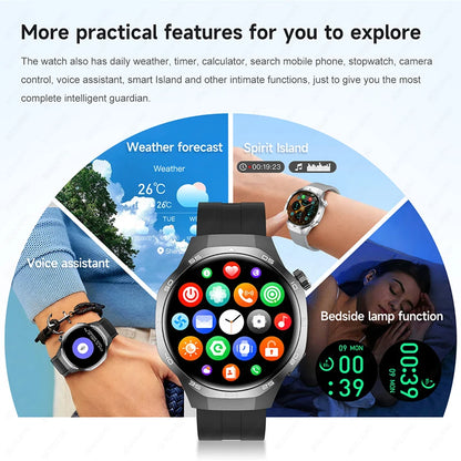 Smartwatch with various functions displayed on a white background