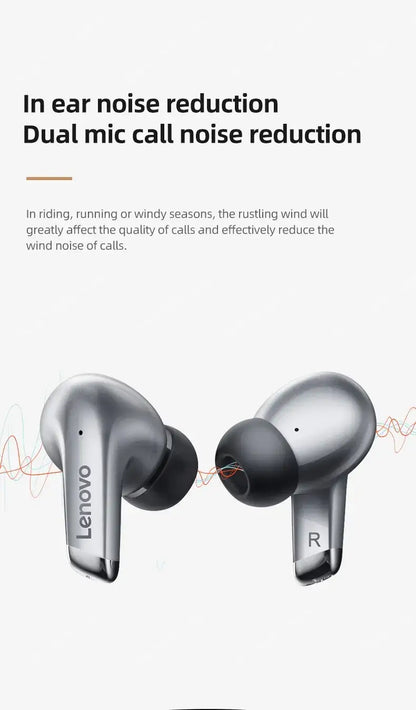 Lenovo wireless earbuds with noise reduction features on a white background
