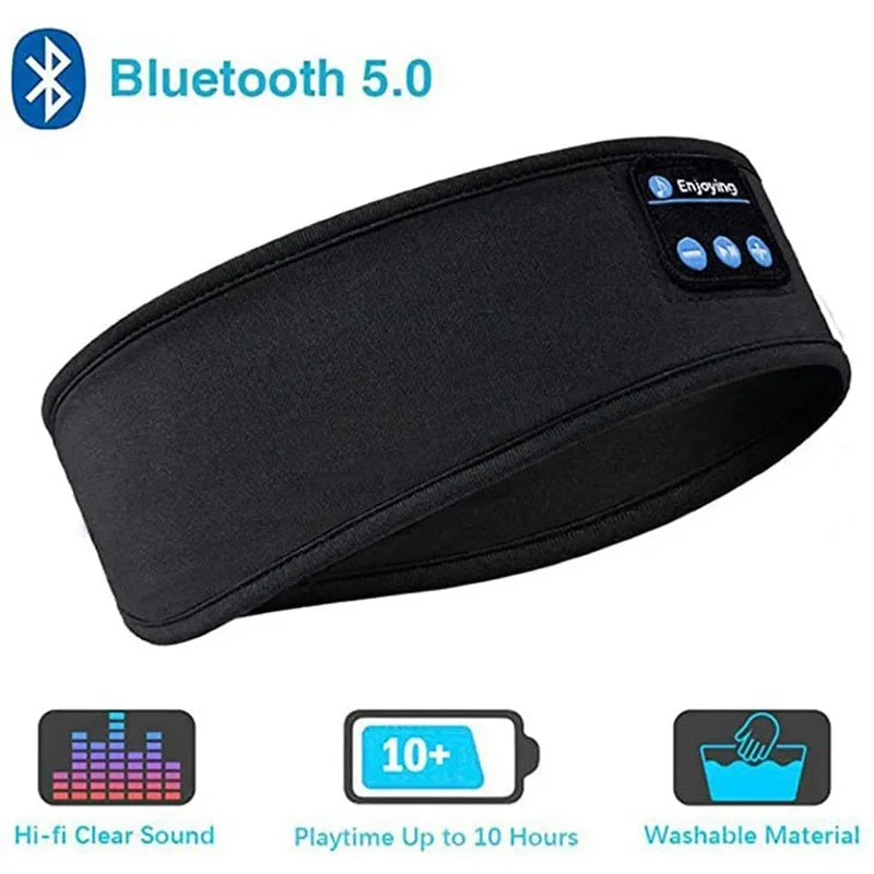 Black Bluetooth headband with visible brand logo on a white background