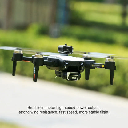 Drone with camera on a blurred green outdoor background